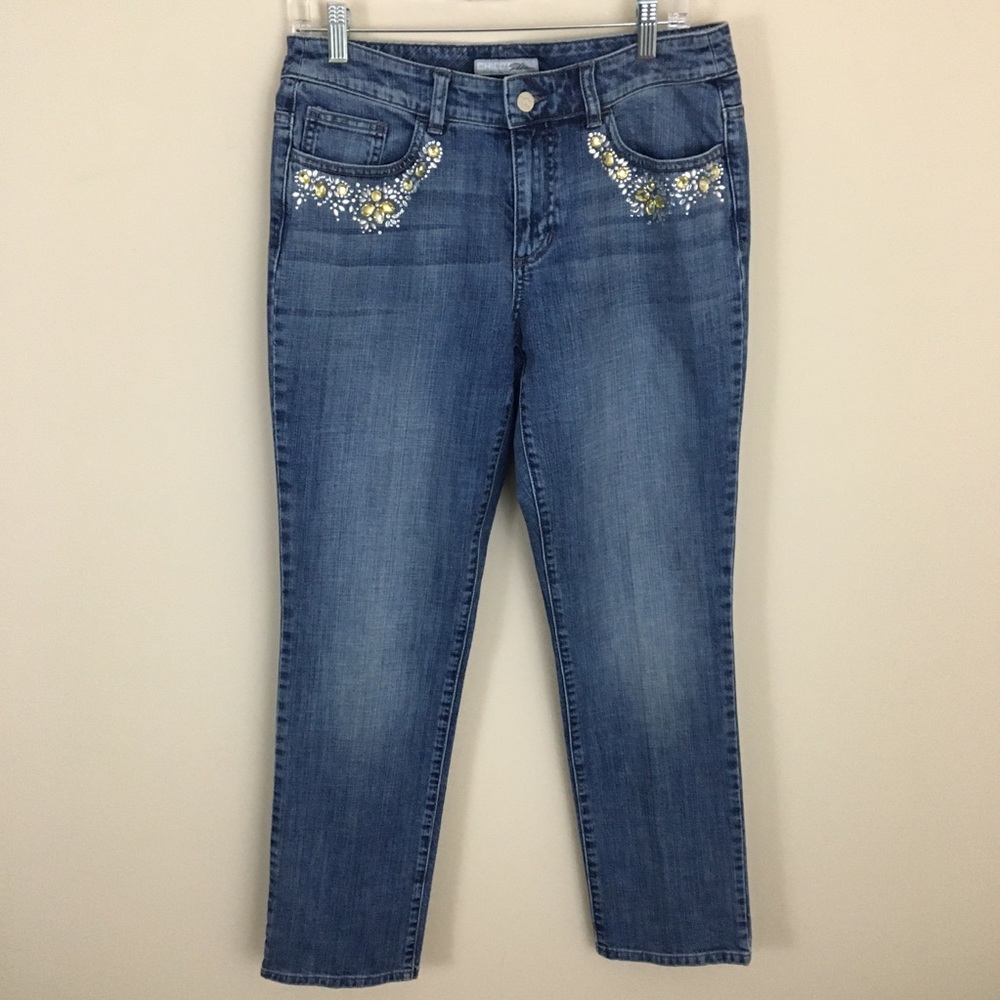 Chicos Jeans Womens Small 0.5/6 Blue Platinum Denim Slim Leg Rhinestone